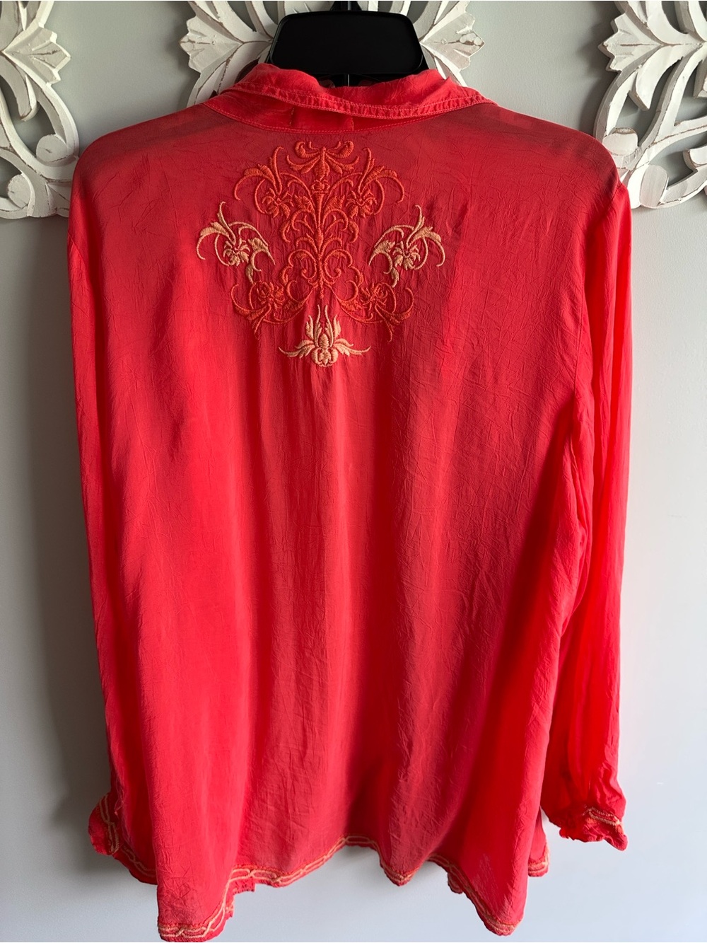 Cupra Rayon Johnny Was Coral-Pink Embroidered Button-Up Tunic SZ XL  Like New